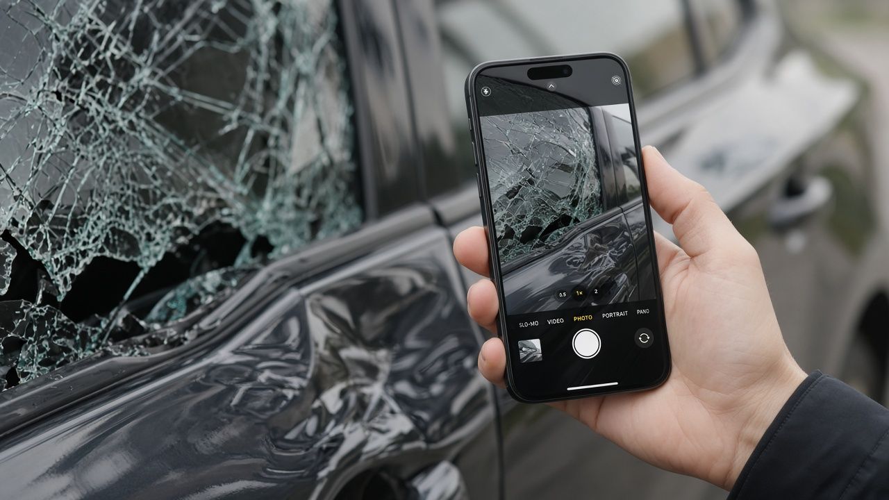 Eine Hand fotografiert mit dem Smartphone die eingedrückte Seite und die gesprungene Scheibe eines dunklen Autos.